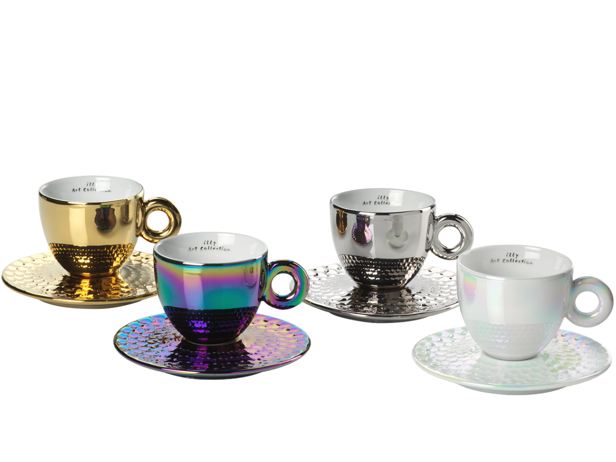 Set di 4 tazze da cappuccino Illy Art Collection, design esclusivo di John Armleder. Set di 4 tazze da cappuccino Illy Art Collection, design esclusivo di John Armleder.