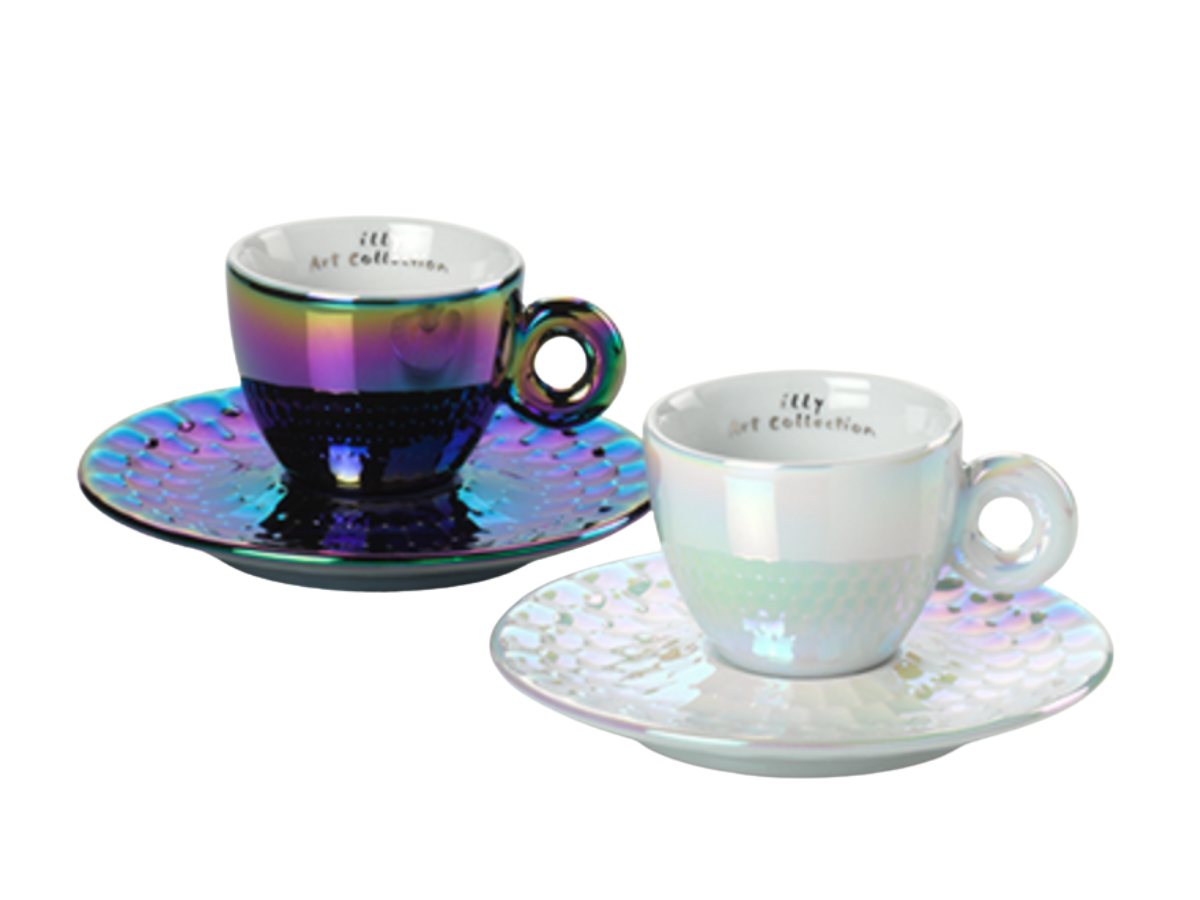 tazze da cappuccino Illy Art Collection John Armleder in porcellana con dettagli riflettenti tazze da cappuccino Illy Art Collection John Armleder in porcellana con dettagli riflettenti